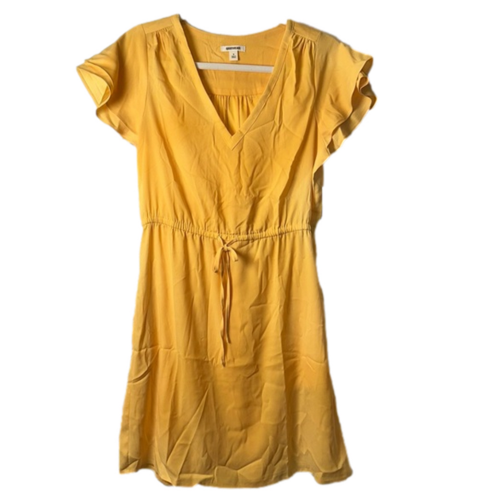 GOODTHREADS womens size small yellow mini shift dress drawstring waist NWT vneck